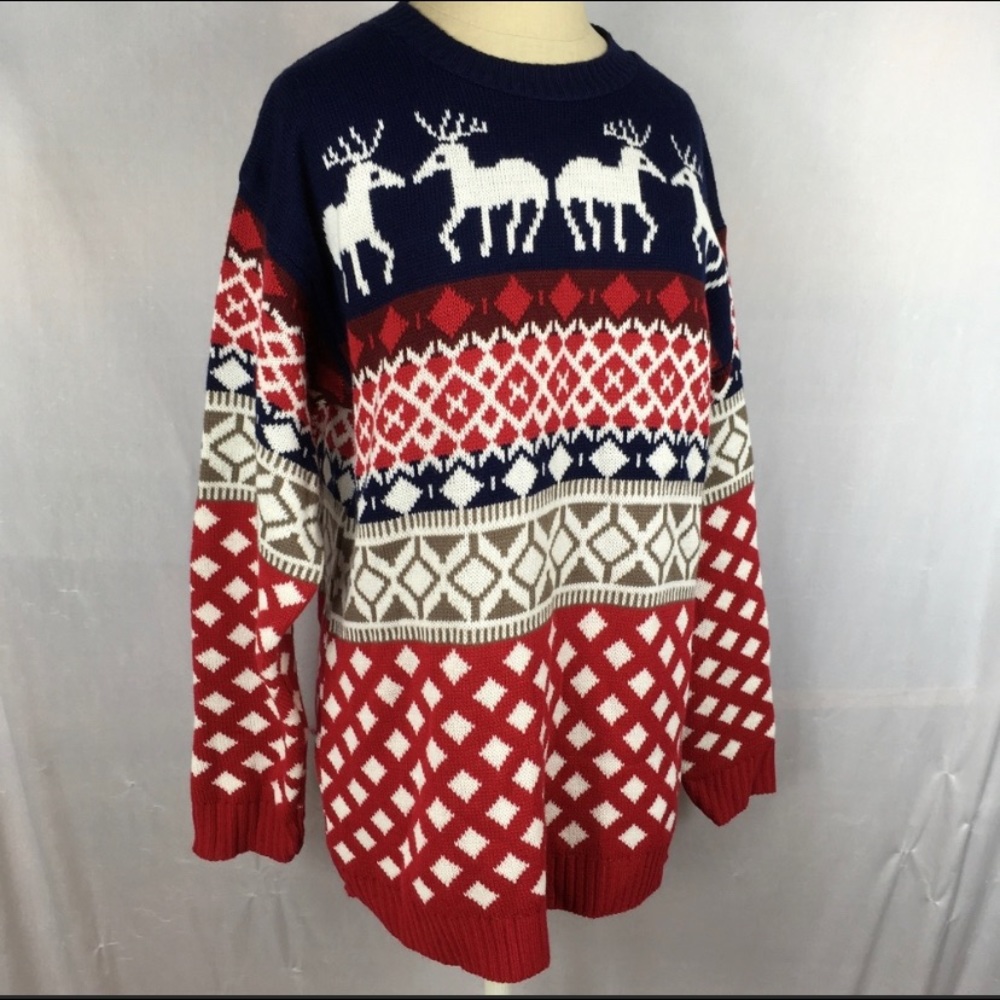 Colorful Sweater Patterned Winter Holiday Reindeer Tacky Fair Isle Nordic